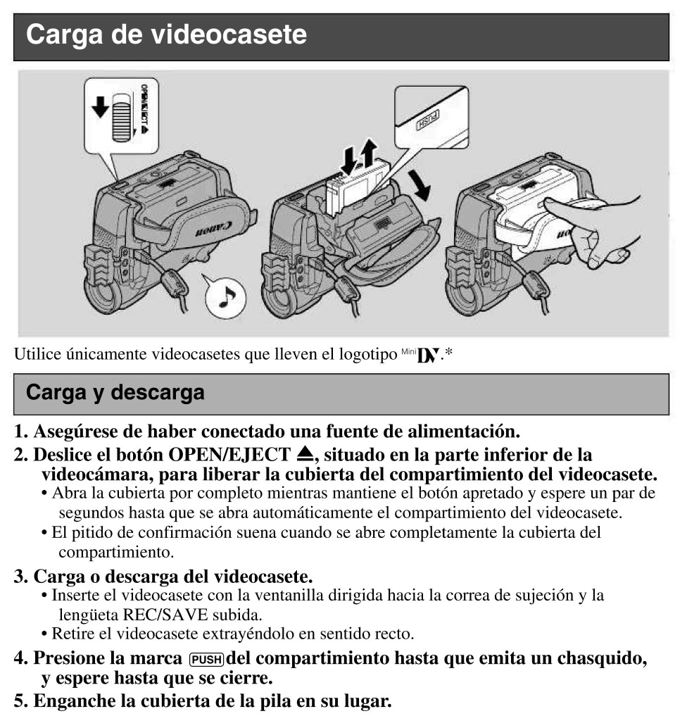 Canon MV500 Carga y Extracción de Cinta Mini DV.