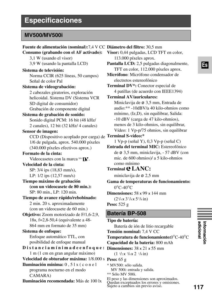 Especificaciones Técnicas Canon MV500.